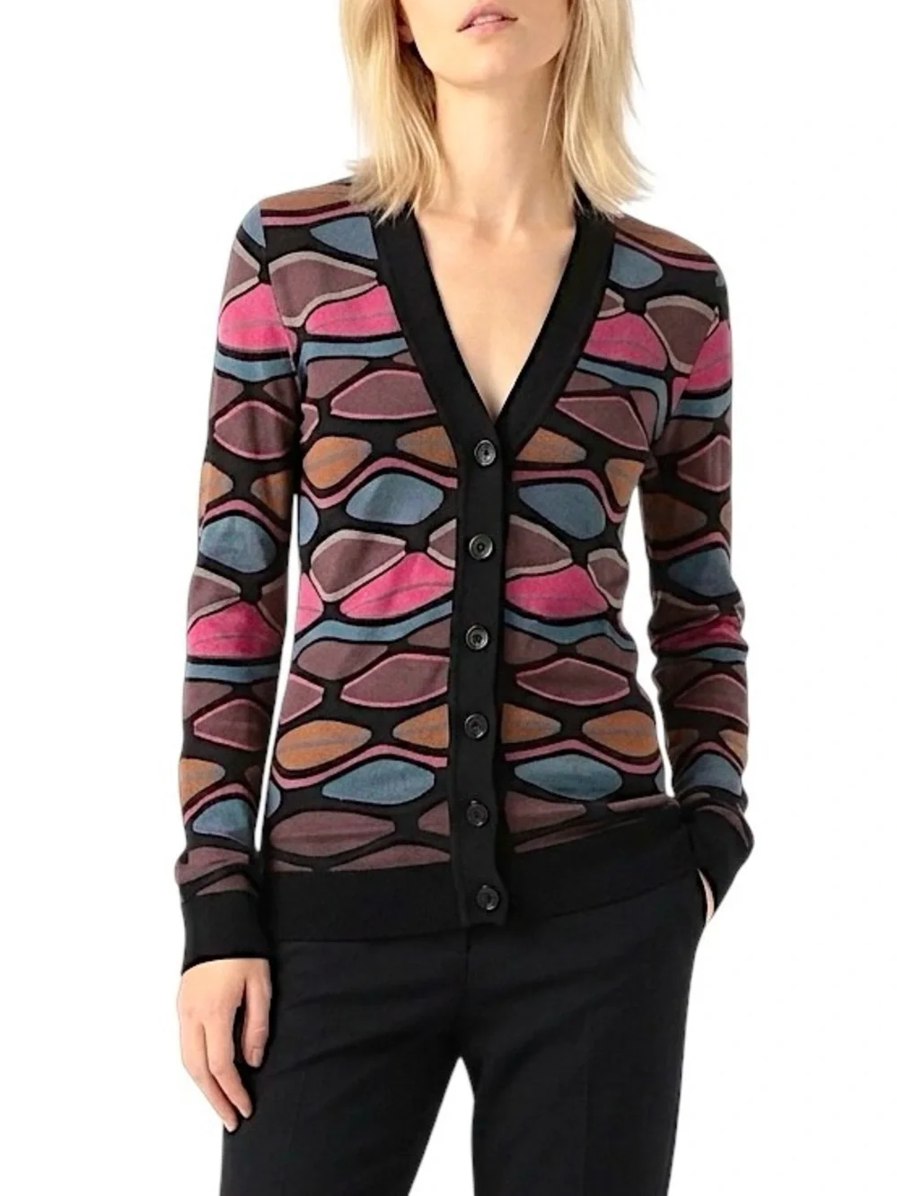 MISSONI Abstract Geometric Knit V-Neck Cardigan Sweater Multicolor - Size XS-S